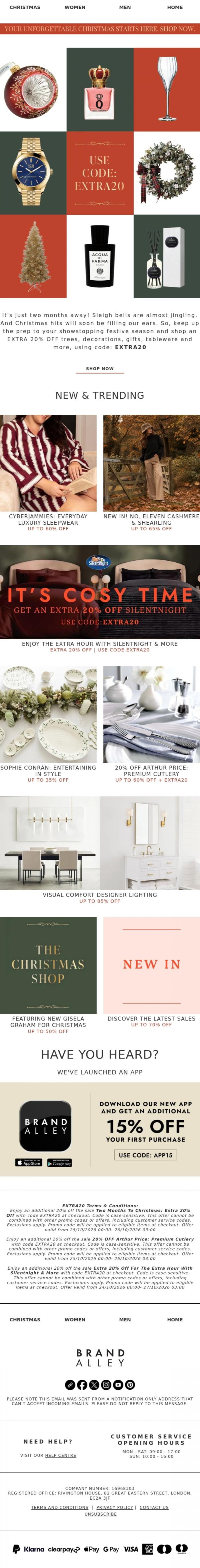 Email Design Inspiration from BrandAlley, Christmas Extra 20% off | Cyberjammies, Sophie Conran, No. Eleven