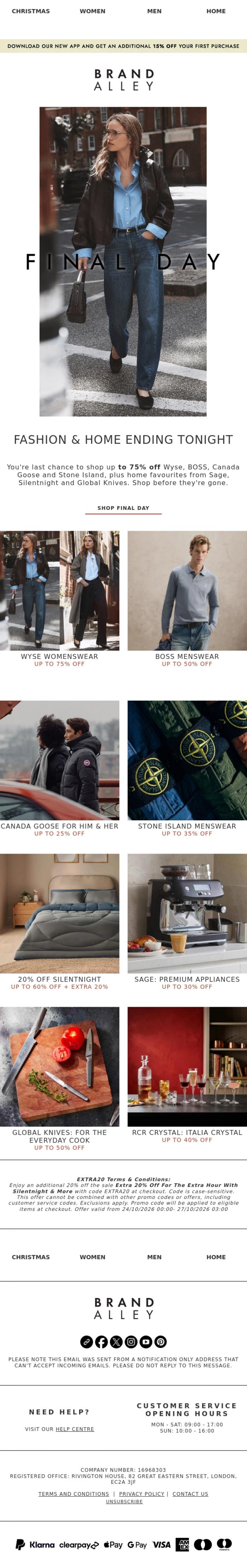 Email Design Inspiration from BrandAlley, Last chance: Stone Island, Canada Goose, Sage, BOSS, Wyse, Global Knives
