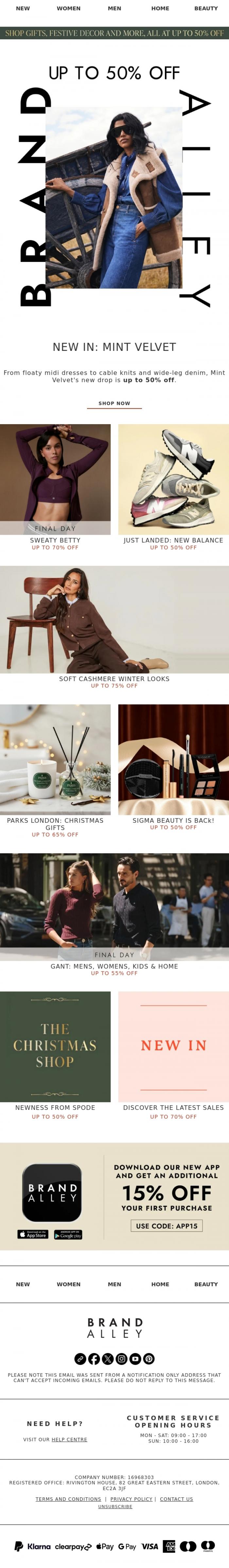 Email Design Inspiration from BrandAlley, New in & up to 50% off: Mint Velvet, New Balance, Sigma Beauty, Parks London