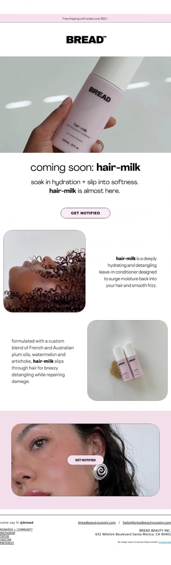 Email Design Inspiration from Bread Beauty Supply, coming soon: hair-milk 🍦
