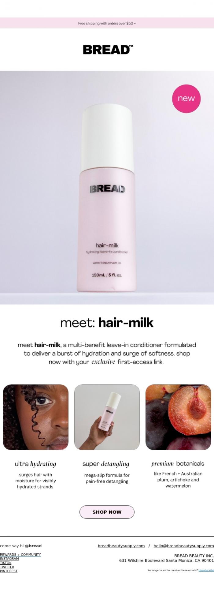 Email Design Inspiration from Bread Beauty Supply, NEW: hair-milk 🥛