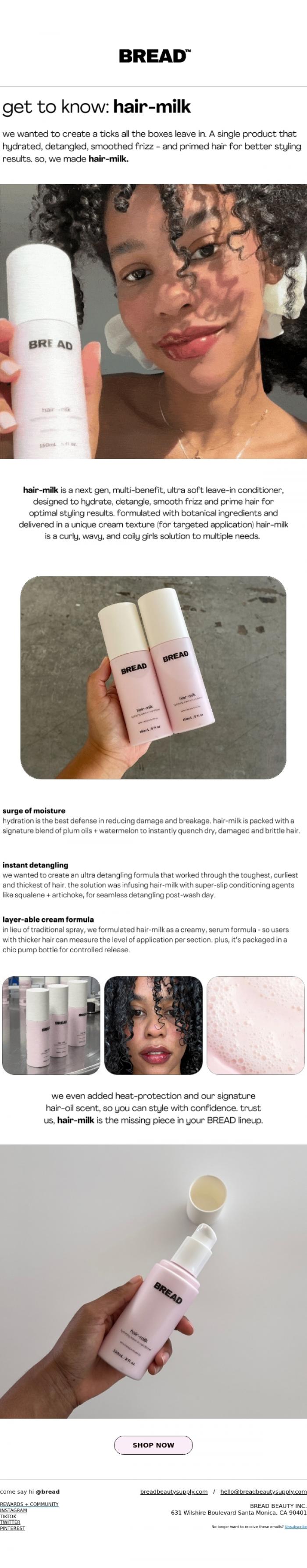 Email Design Inspiration from Bread Beauty Supply, milk is more hydrating than water