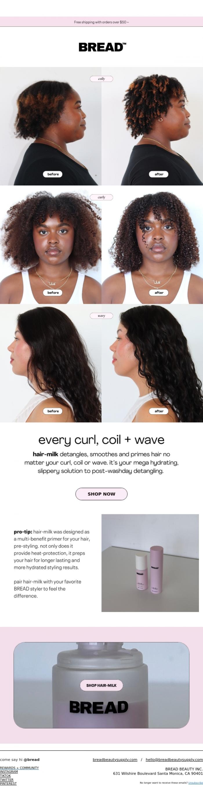 Email Design Inspiration from Bread Beauty Supply, ☑️ curly ☑️ coily ☑️ wavy