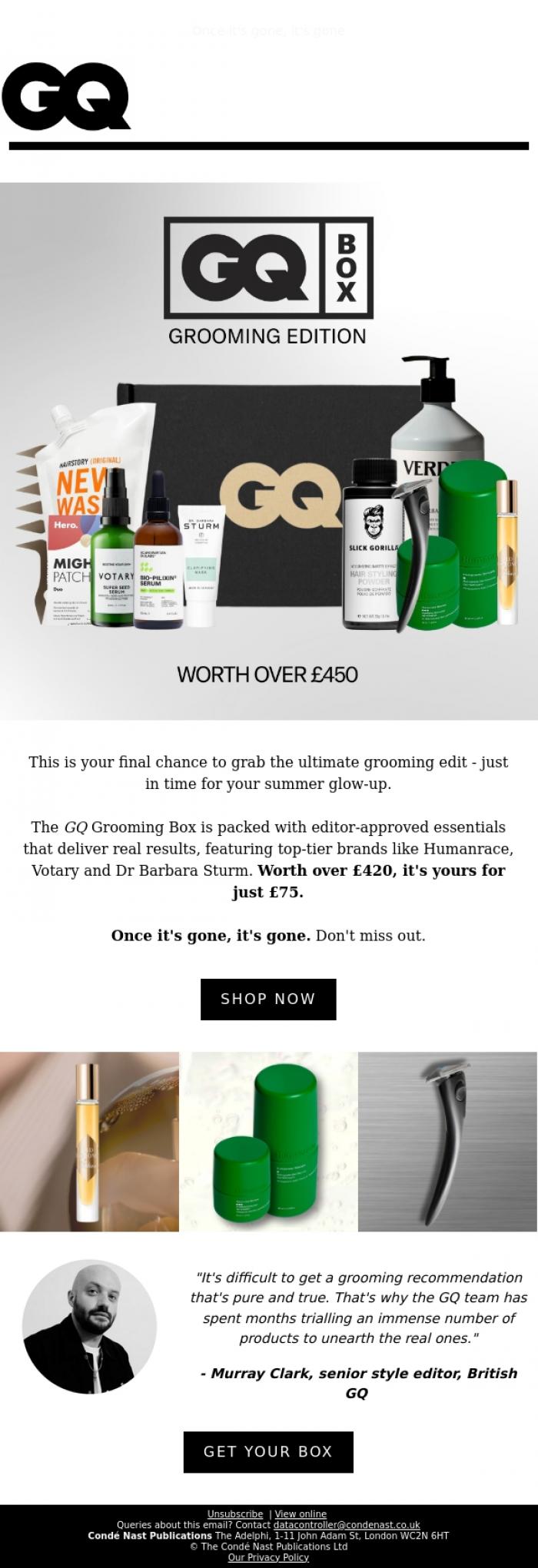 Email Design Inspiration from British GQ, Last Chance To Get Your GQ Grooming Box
