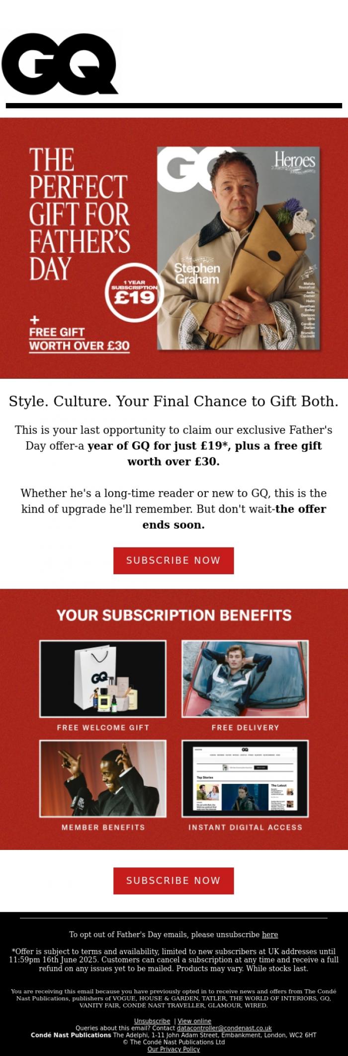 Email Design Inspiration from British GQ, Last Chance: Your GQ Father's Day Gift. Offer Ends Soon.