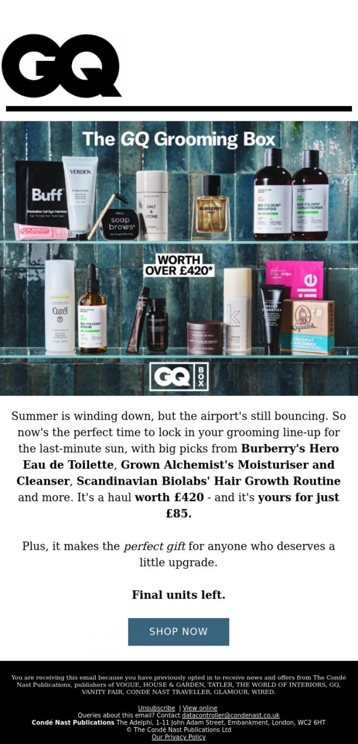 Email Design Inspiration from British GQ, Last Chance To Get Your GQ Summer Grooming Box