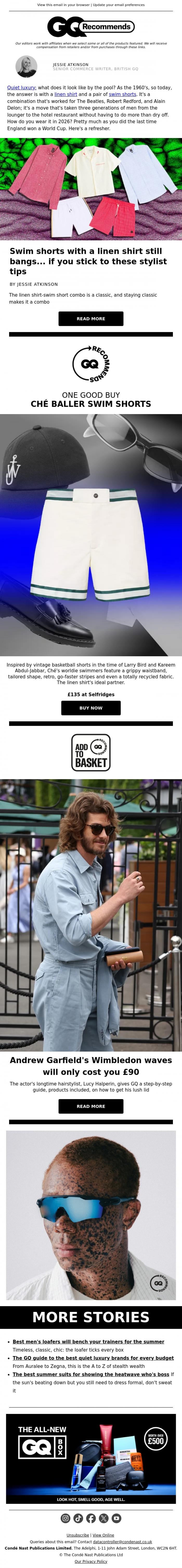 Email Design Inspiration from British GQ, Swim shorts with a linen shirt still bangs... if you stick to these stylist tips