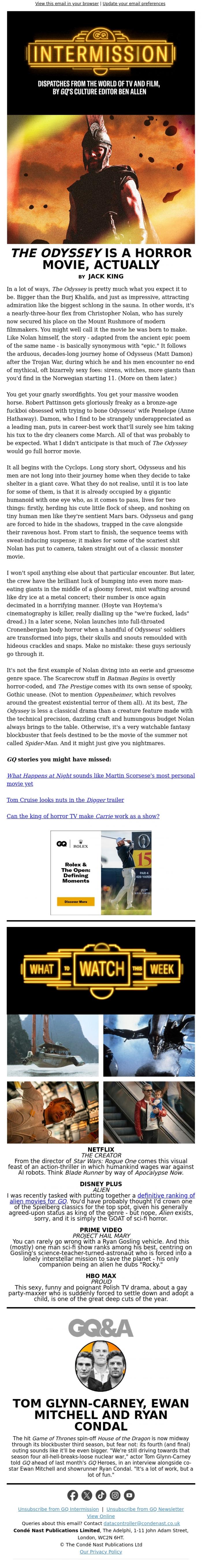 Email Design Inspiration from British GQ, "The Odyssey" is a horror movie, actually