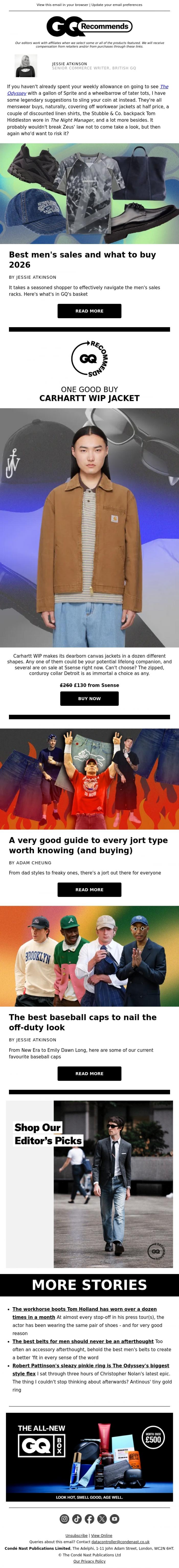 Email Design Inspiration from British GQ, Carhartt WIP's jackets are up to 70% off on Ssense this weekend