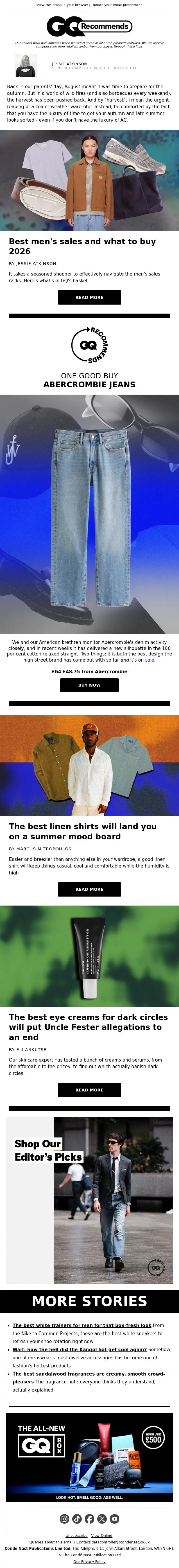 Email Design Inspiration from British GQ, Abercrombie's denim sale heads up the best menswear deals of the week