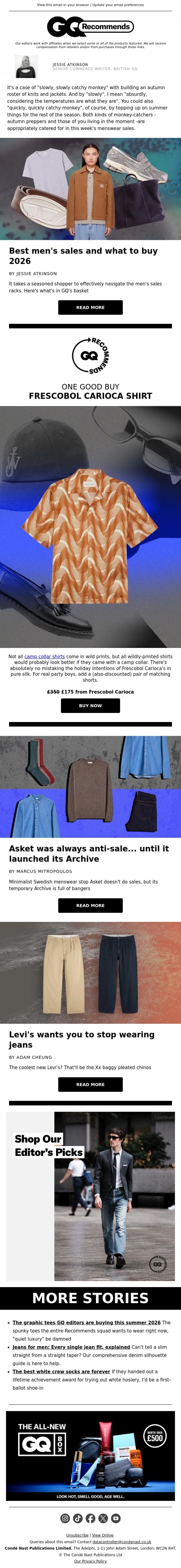 Email Design Inspiration from British GQ, Shop sale prices on both summer shirts and autumn hoodies this weekend