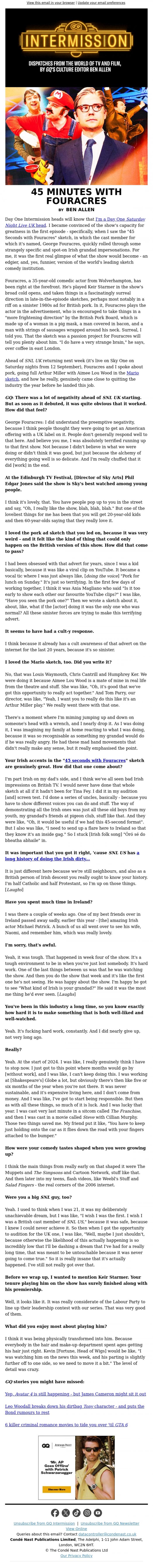 Email Design Inspiration from British GQ, The return of "Saturday Night Live UK" with George Fouracres