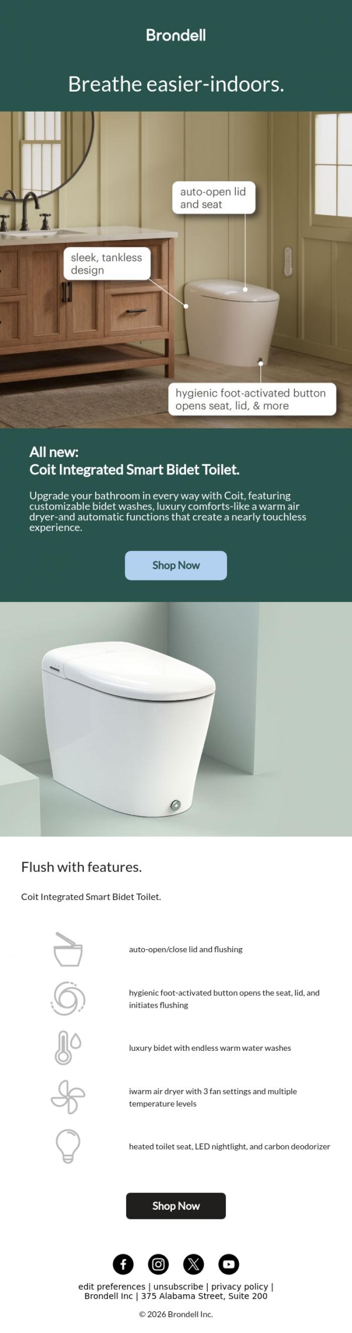 Email Design Inspiration from Brondell, Our new Smart Bidet Toilet is out now!
