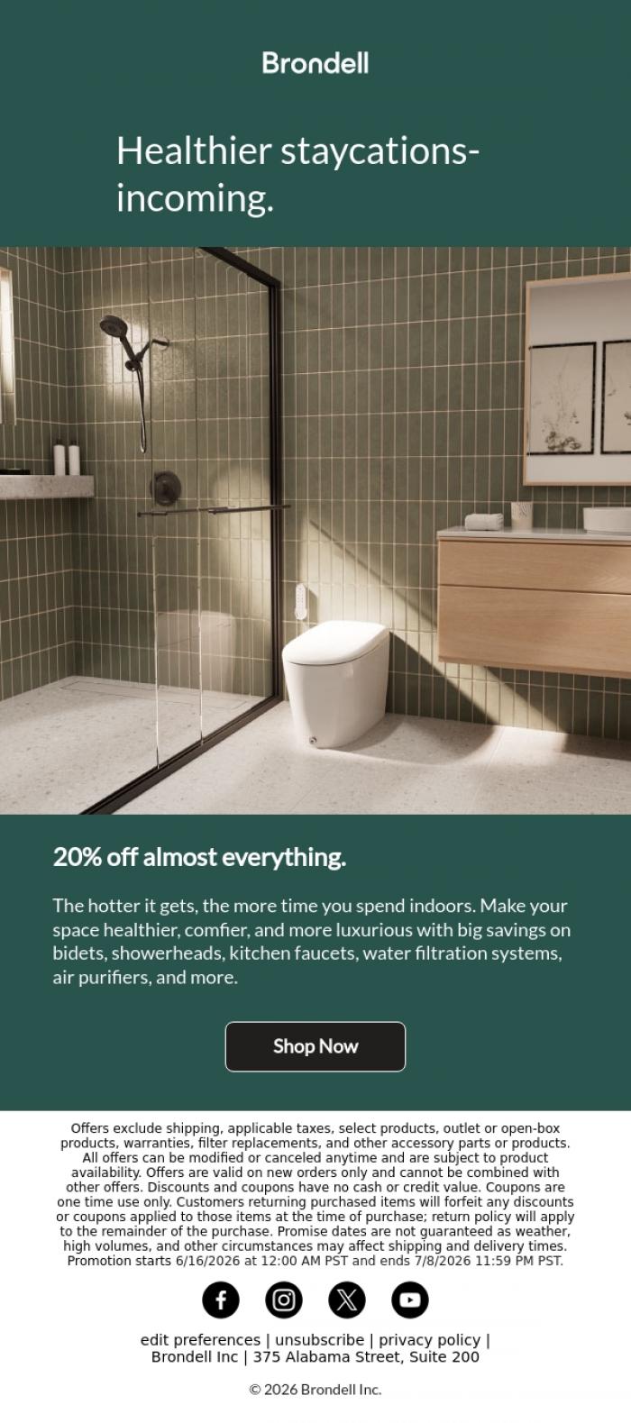 Email Design Inspiration from Brondell, 20% off almost everything starts now!