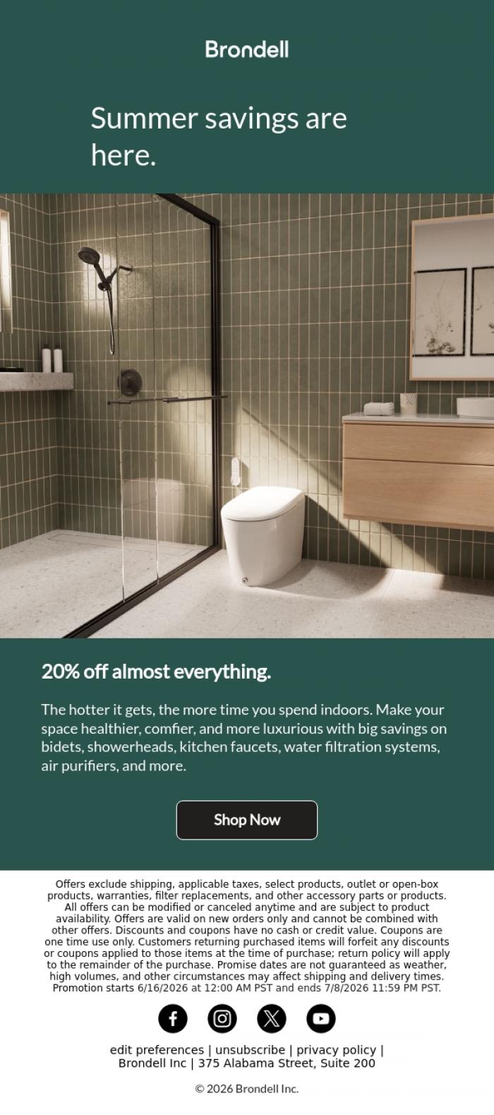 Email Design Inspiration from Brondell, Need a bidet? Here's 20% off...