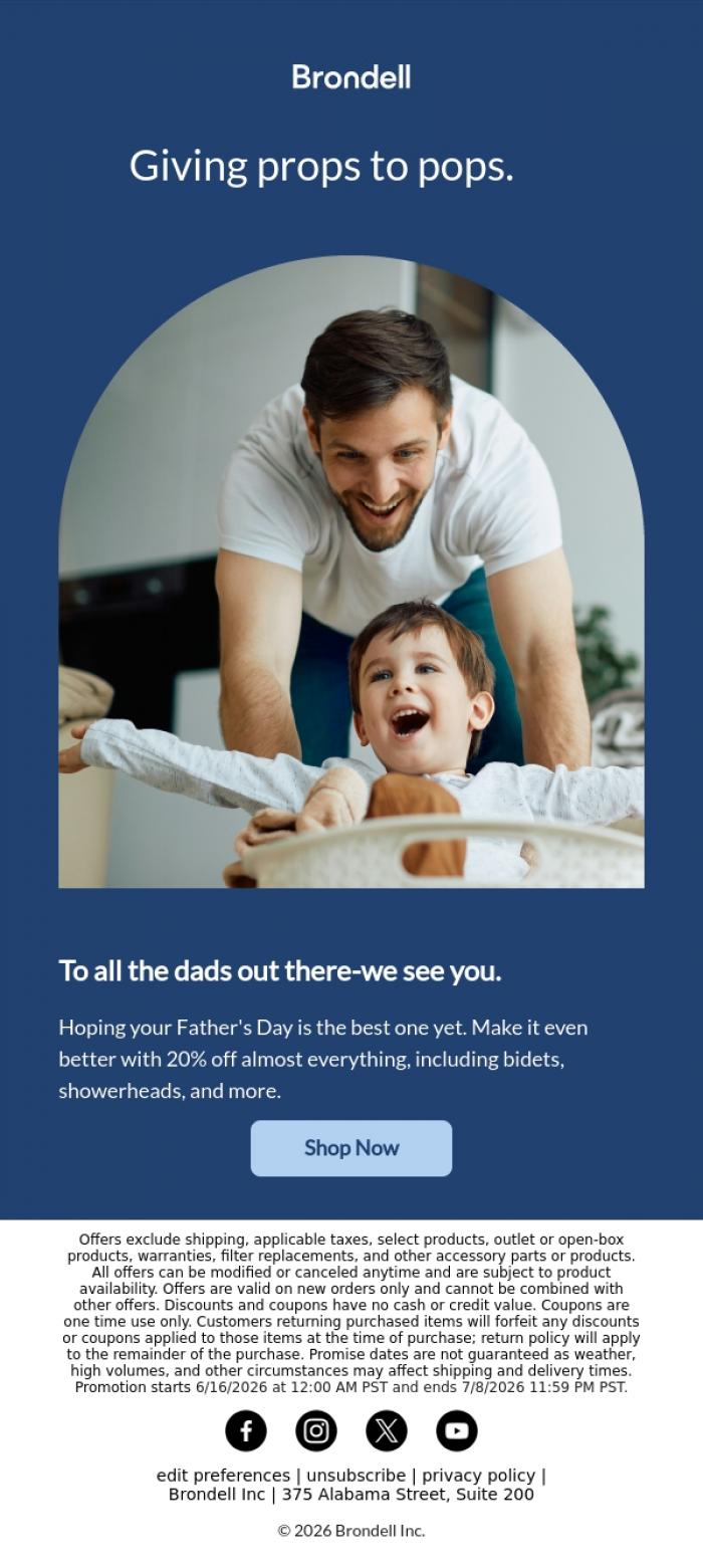 Email Design Inspiration from Brondell, 20% off! Father's Day treat-incoming.