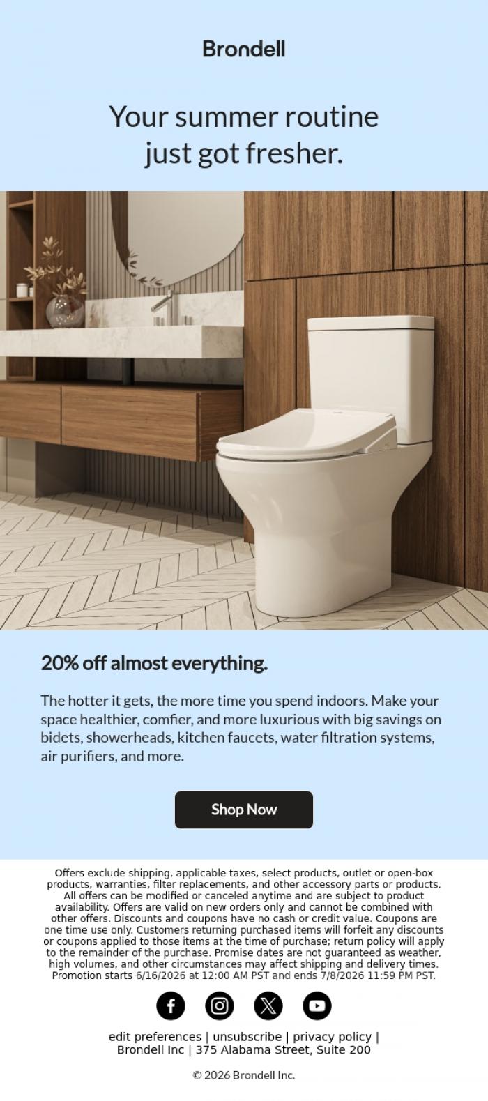 Email Design Inspiration from Brondell, 20% off almost everything-bidets & more!