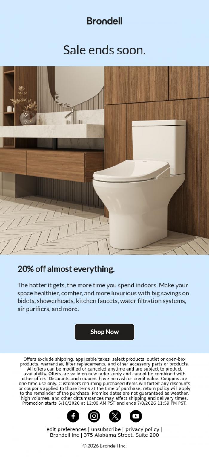 Email Design Inspiration from Brondell, 20% off almost everything is ending...