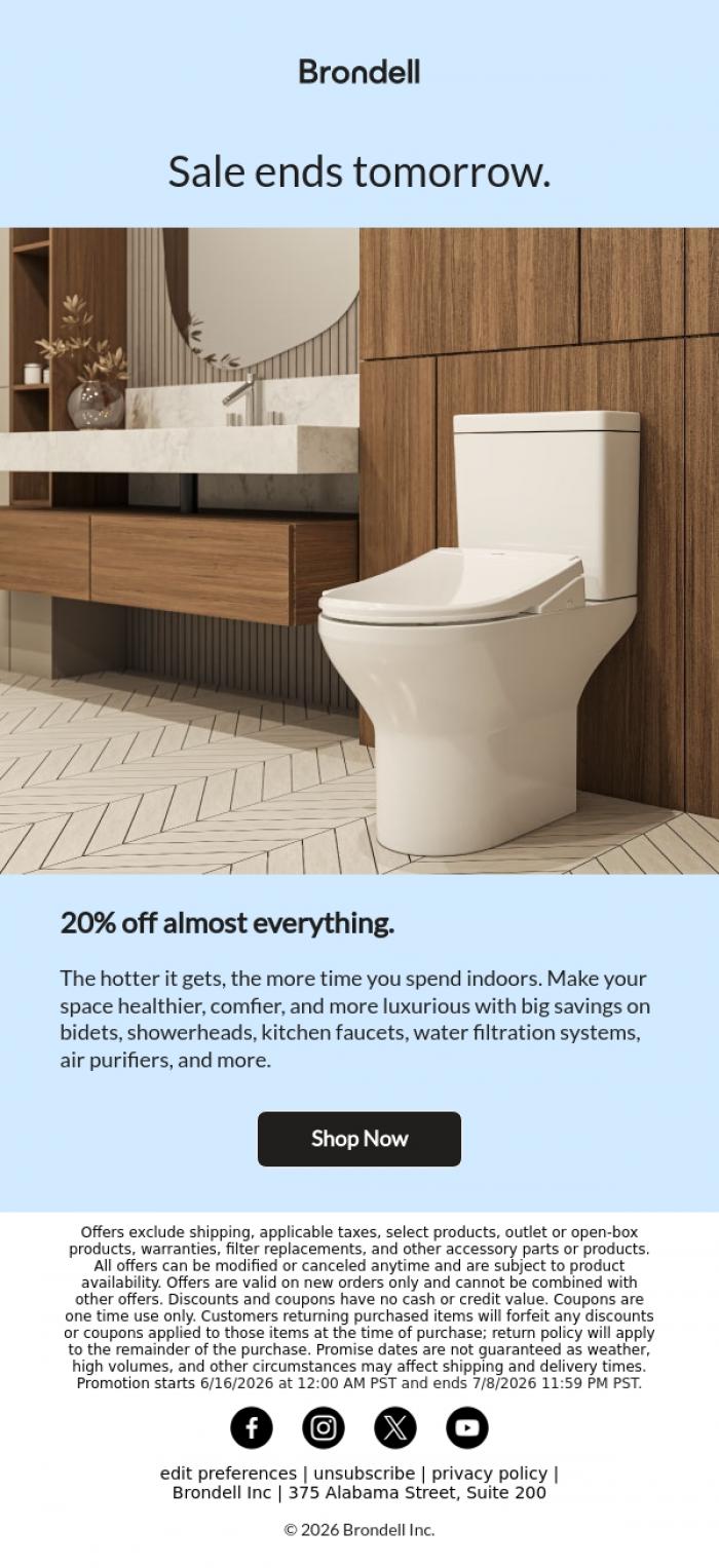 Email Design Inspiration from Brondell, 20% off that bidet you've always wanted...