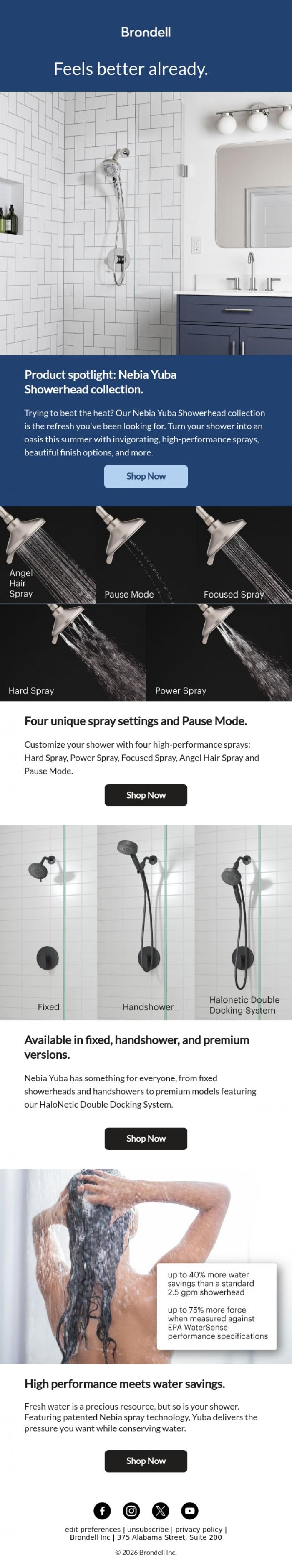 Email Design Inspiration from Brondell, Luxury showers to retreat from the heat. 🚿