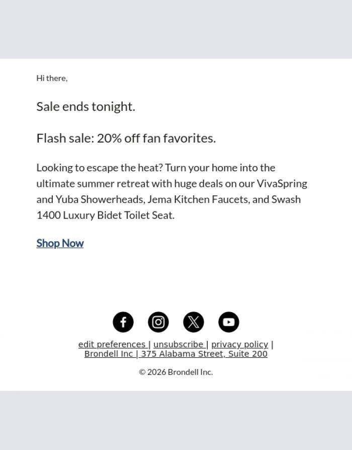 Email Design Inspiration from Brondell, Last chance for 20% off fan favs. 🚿
