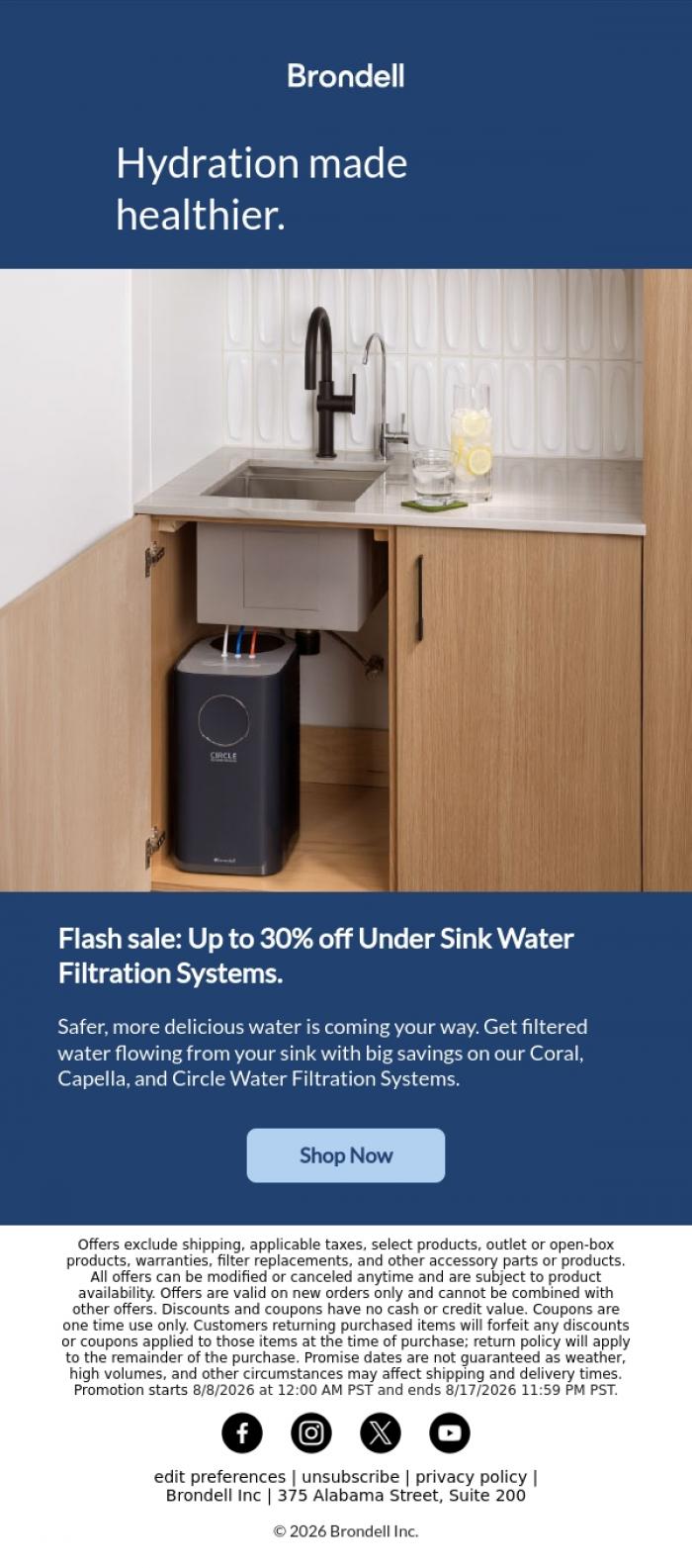Email Design Inspiration from Brondell, Up to 30% off: Water filtration sale ends soon!