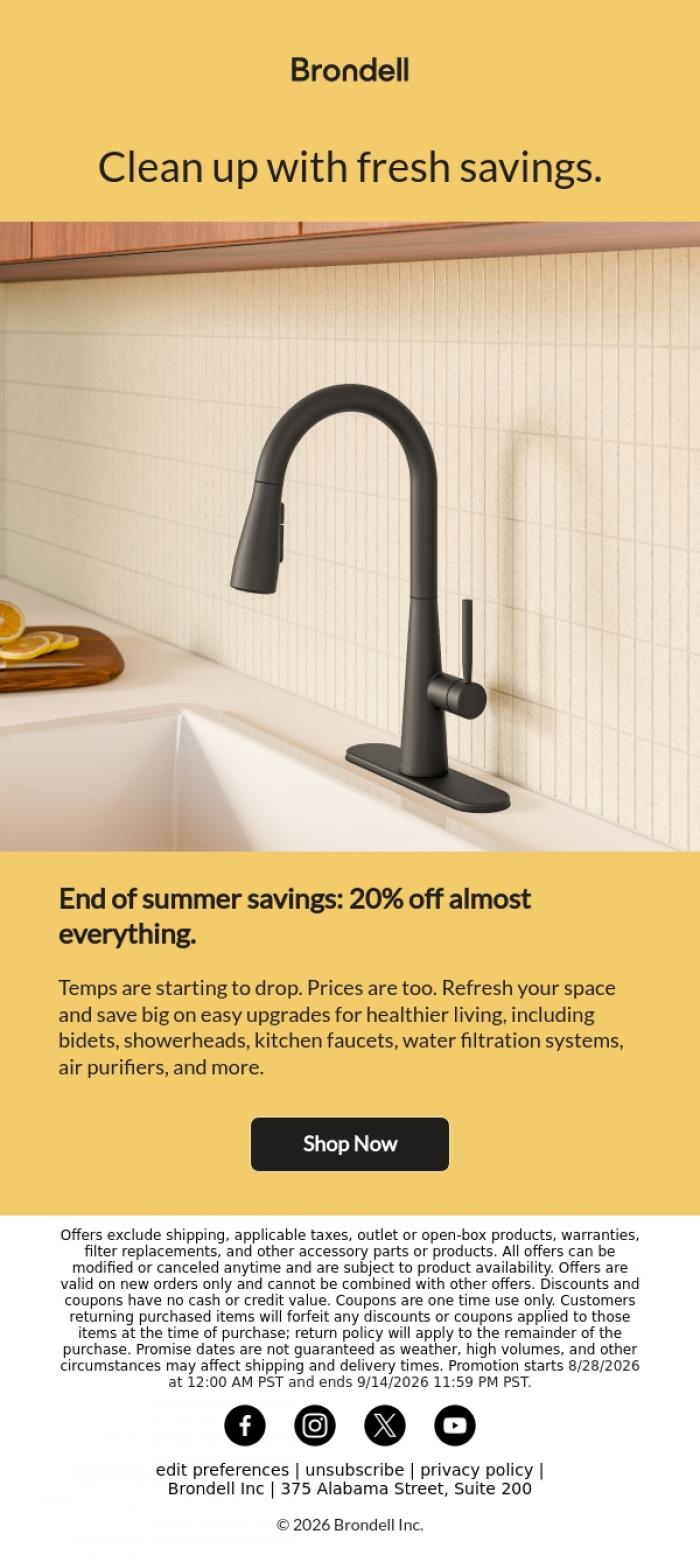 Email Design Inspiration from Brondell, 20% off almost everything-in your inbox. 📥