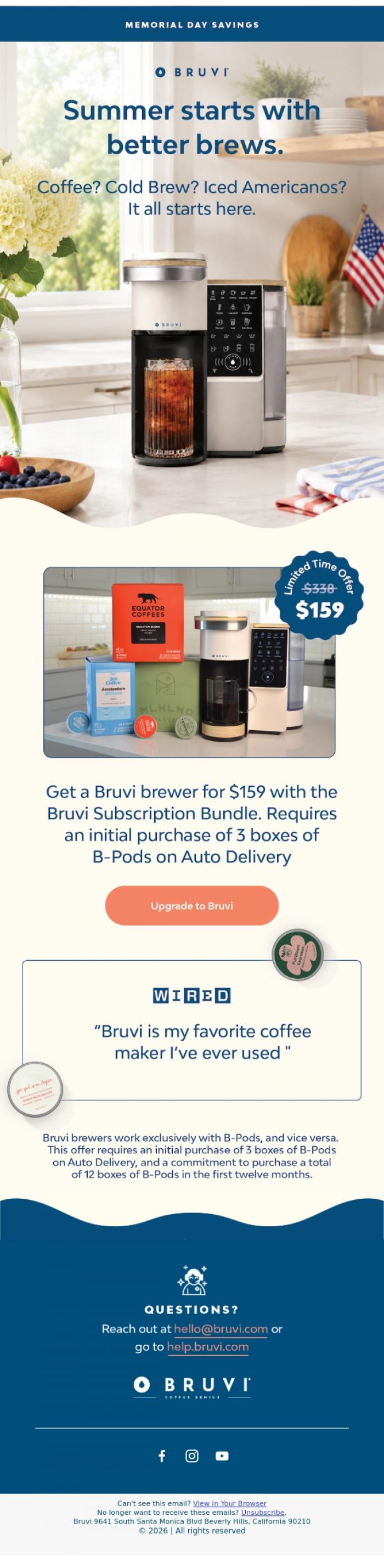 Email Design Inspiration from Bruvi | Coffee Genius, Kick off Summer with Memorial Day Savings ☀️