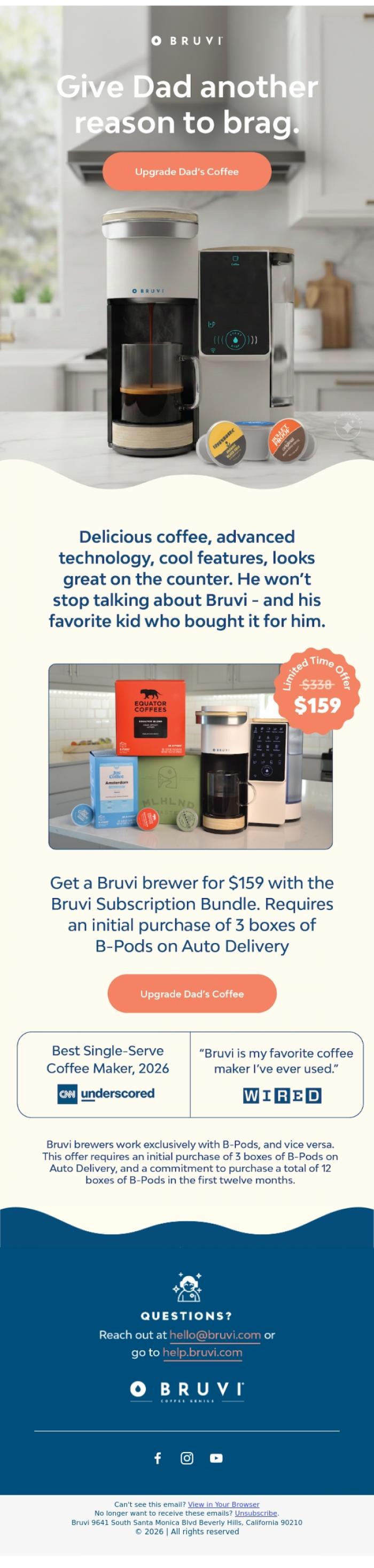 Email Design Inspiration from Bruvi | Coffee Genius, Finally, a gift dad won't shut up about