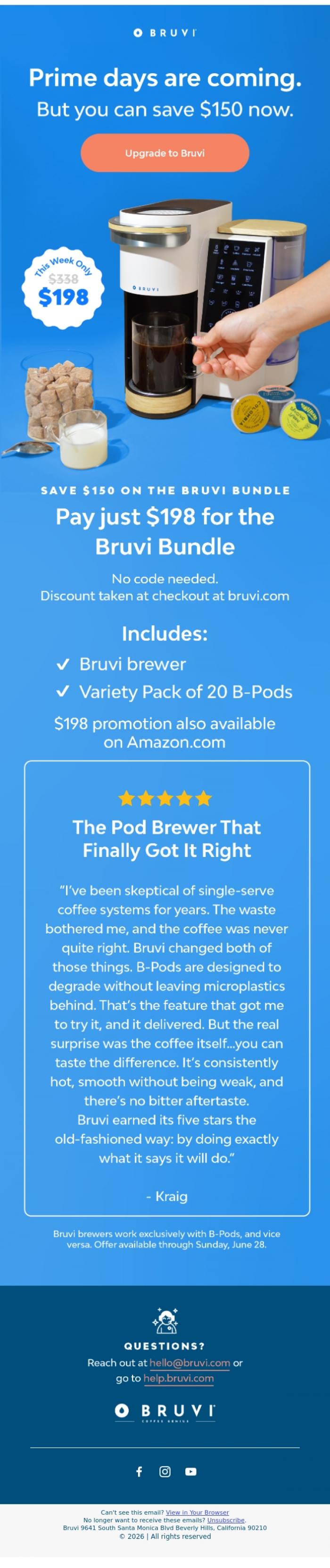 Email Design Inspiration from Bruvi | Coffee Genius, Prime Days Early Access 🕐