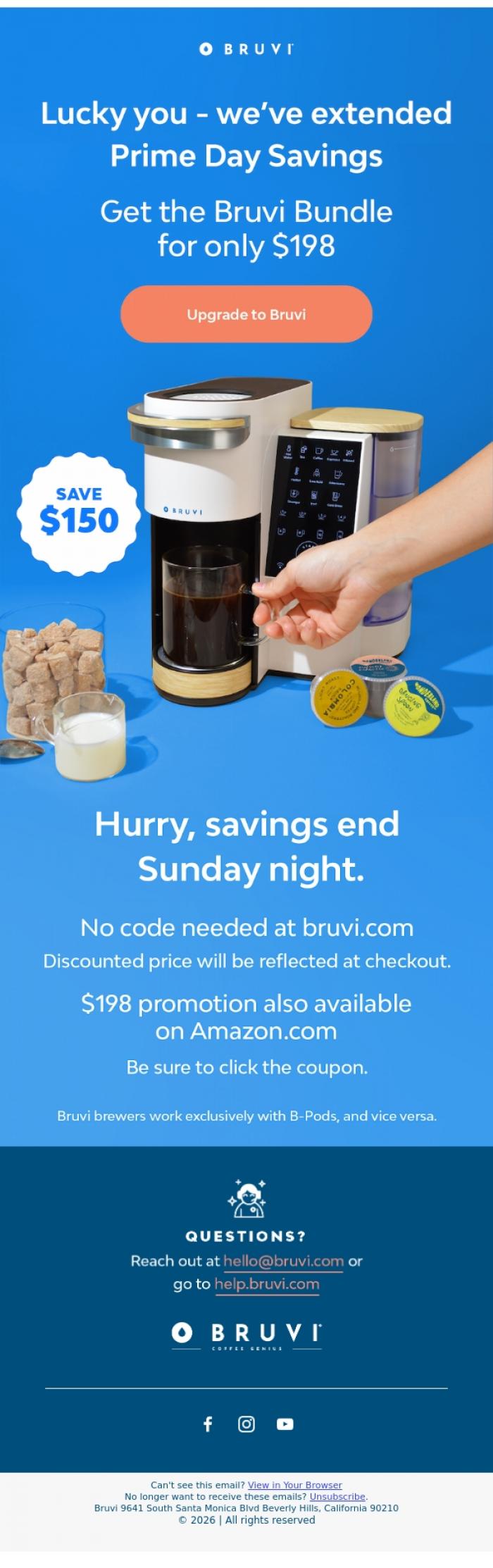 Email Design Inspiration from Bruvi | Coffee Genius, 📣 Prime Day Savings Extended