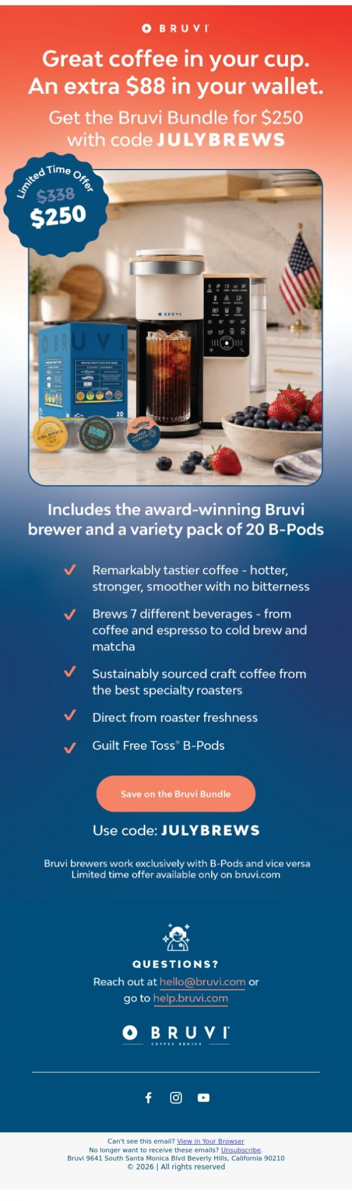 Email Design Inspiration from Bruvi | Coffee Genius, Brew more. Spend less. Win-win. 💰