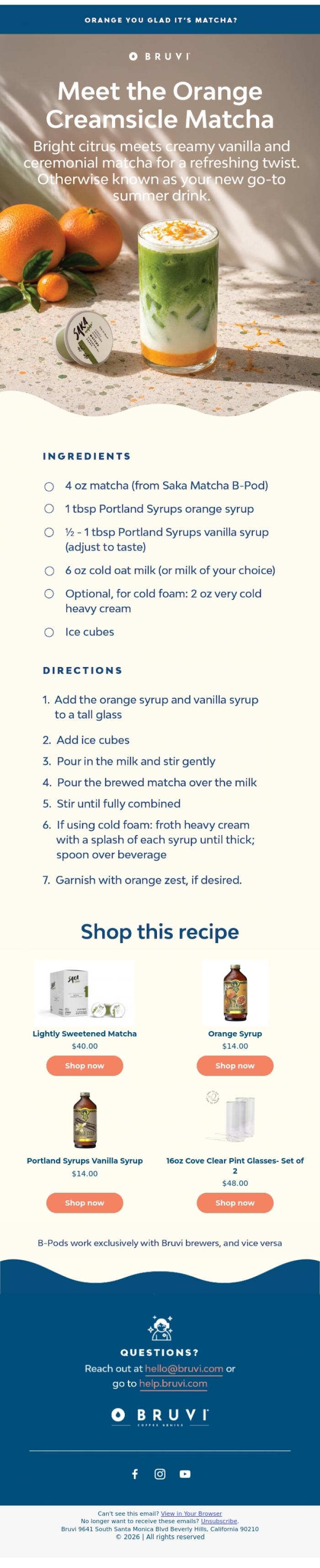 Email Design Inspiration from Bruvi | Coffee Genius, Meet the Orange Creamsicle Matcha Latte 🍊