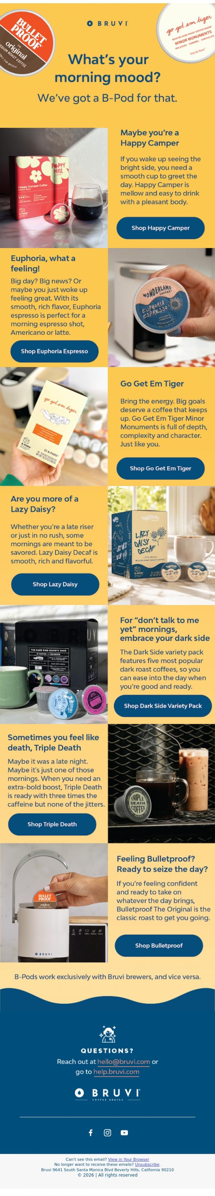 Email Design Inspiration from Bruvi | Coffee Genius, What's your morning mood? We've got a B-Pod for that. 😀