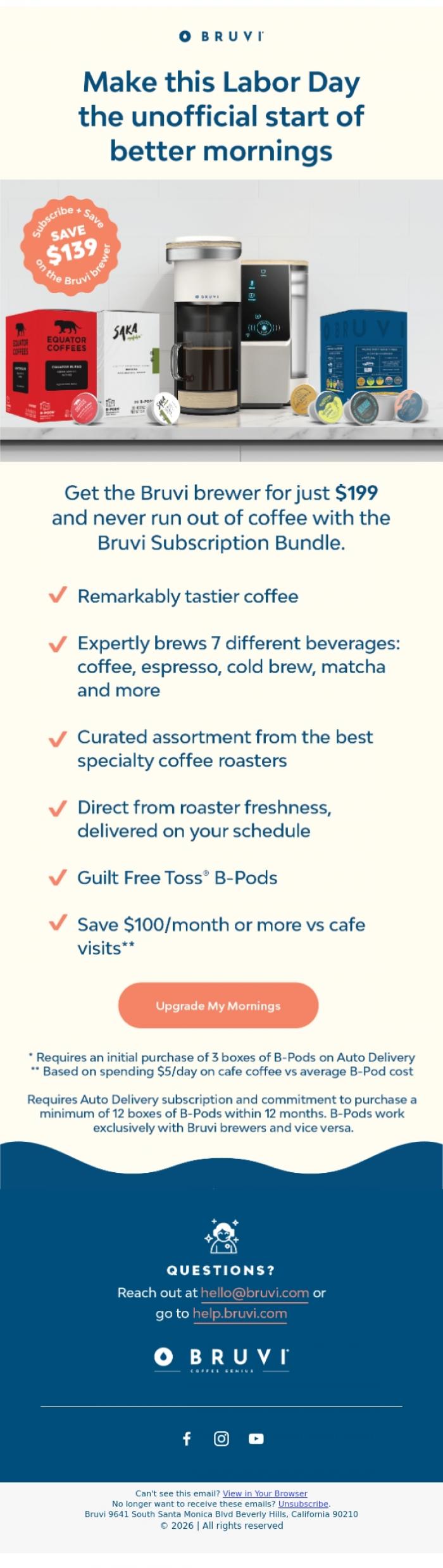 Email Design Inspiration from Bruvi | Coffee Genius, This Labor Day, upgrade your mornings and save 😍