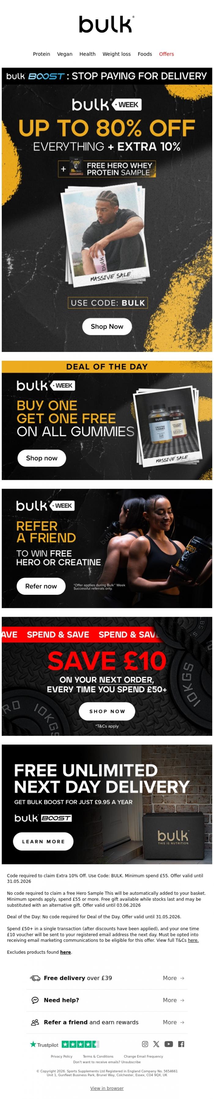 Email Design Inspiration from Bulk&trade;, Few Hours Left: Up to 80% Off + Extra 10%