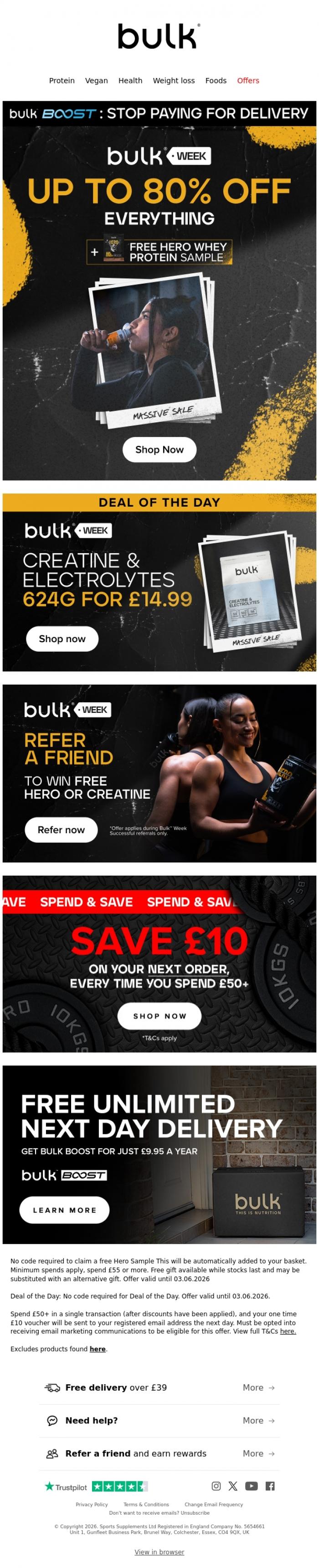 Email Design Inspiration from Bulk&trade;, Take Advantage of Today's Sale 🚨