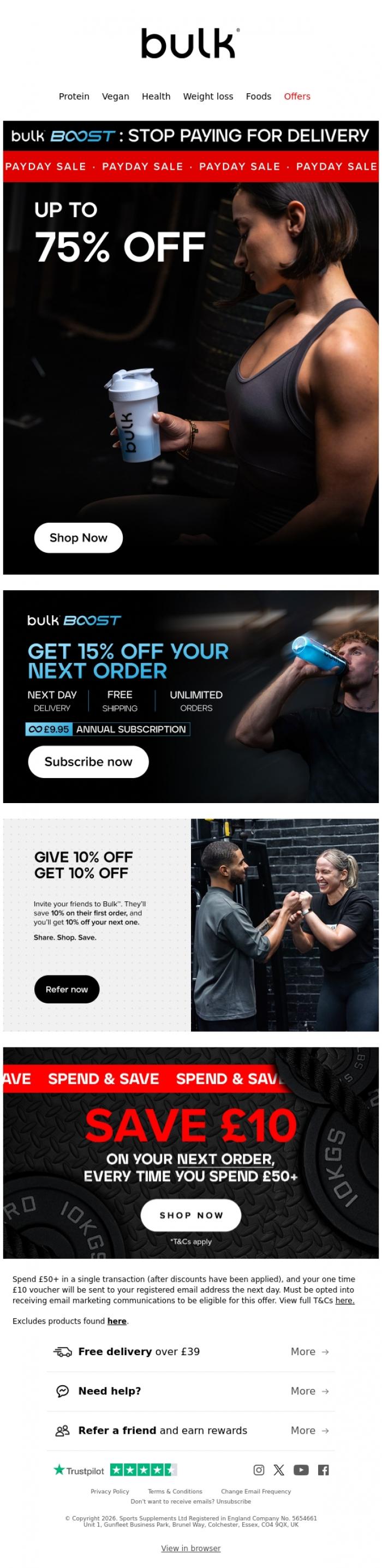 Email Design Inspiration from Bulk&trade;, Payday Sale Has Landed! Up to 75% Off