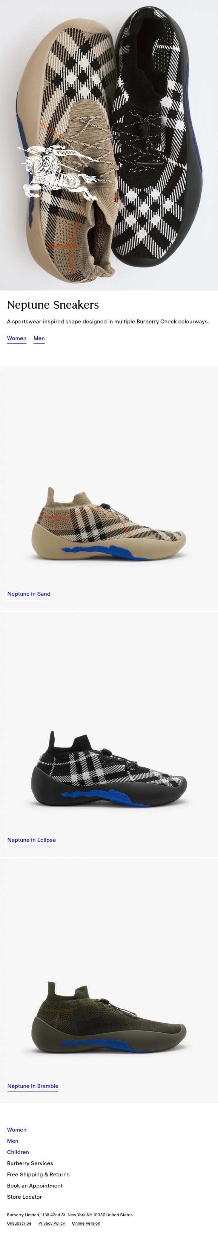 Email Design Inspiration from Burberry, Neptune sneakers