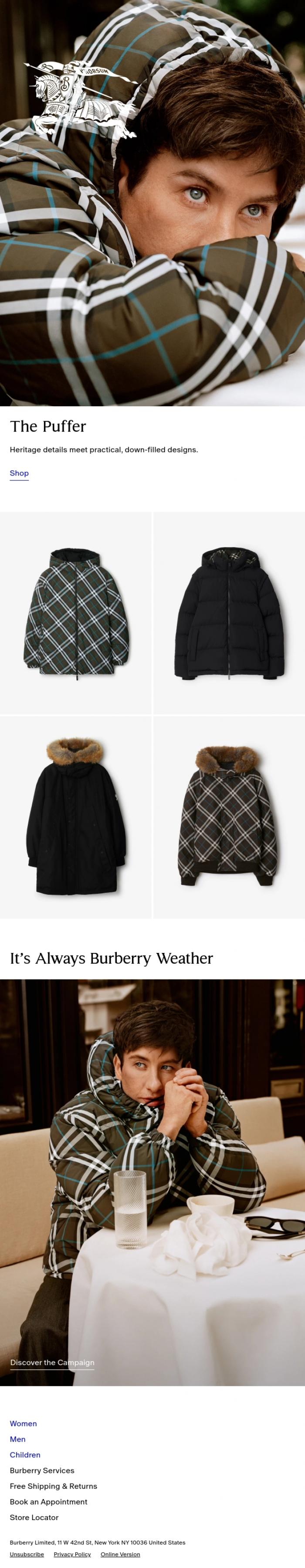 Email Design Inspiration from Burberry, Puffer jackets