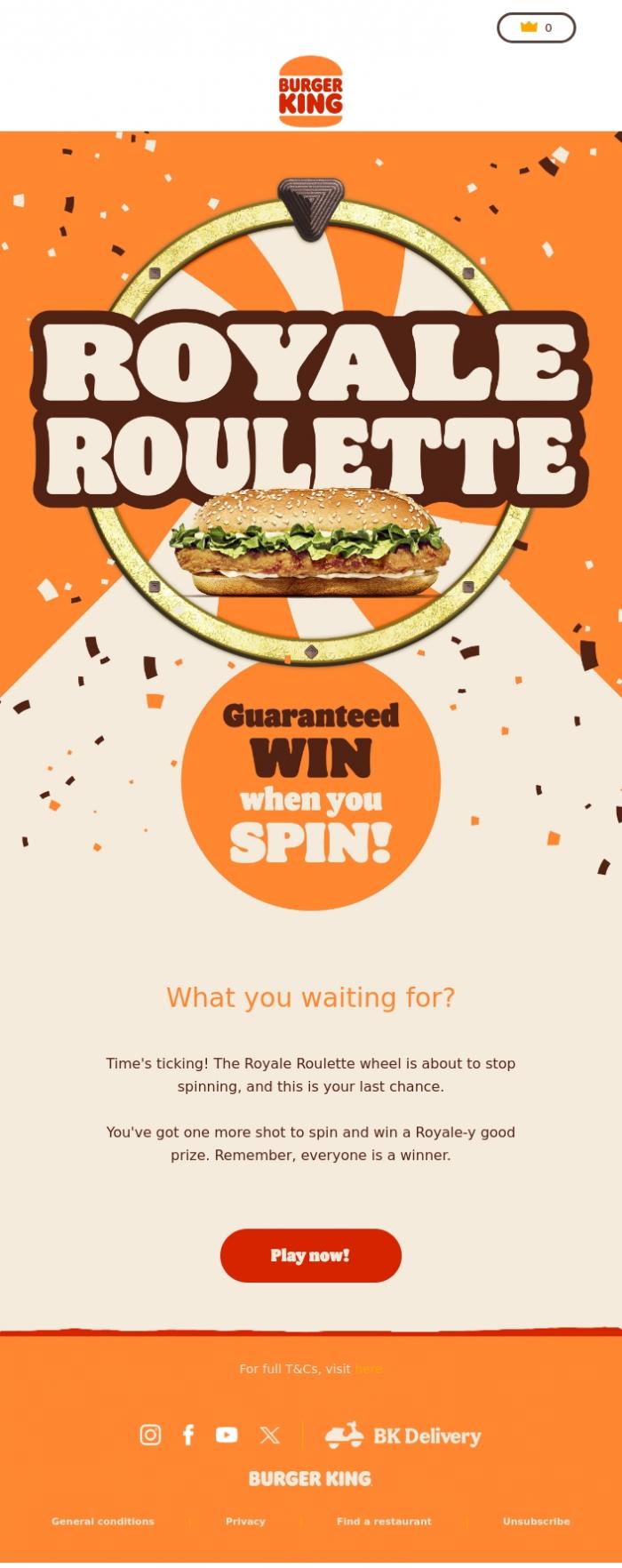 Email Design Inspiration from Burger King, Email gallery, LAST CHANCE to spin 🚨