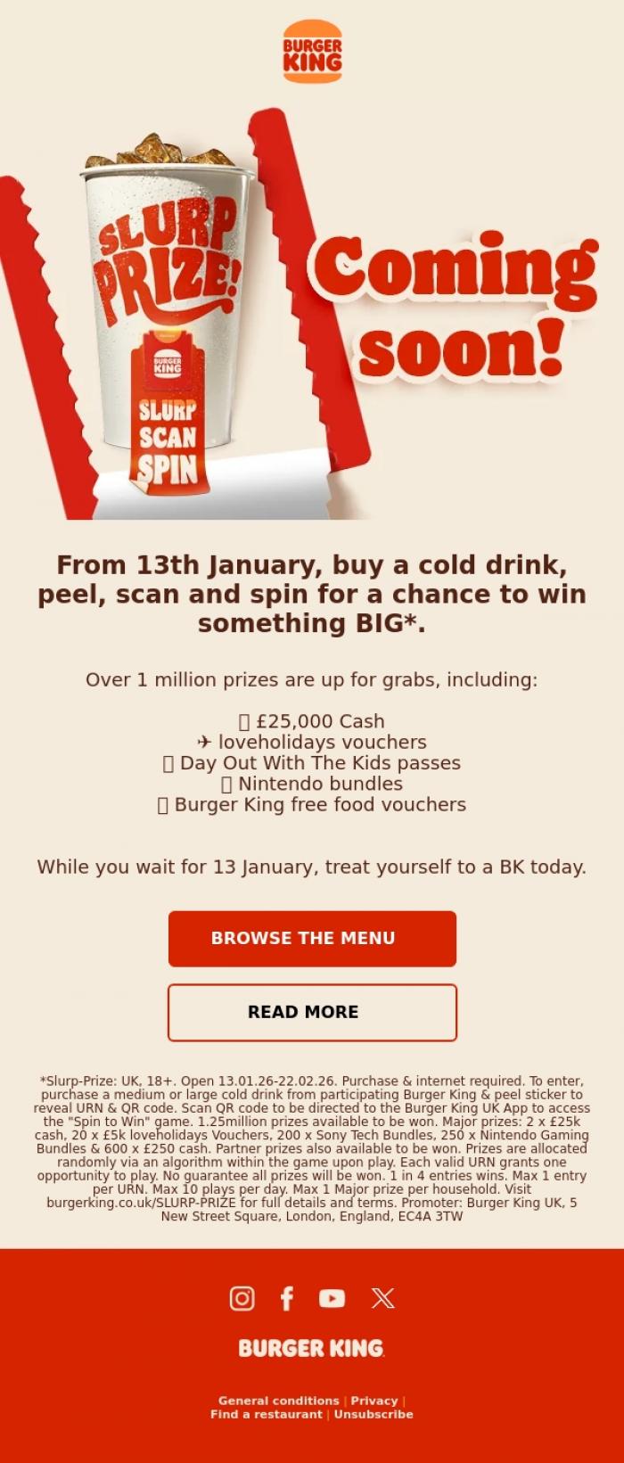 Email Design Inspiration from Burger King, Slurp-Prize: Landing 13th January 🥤