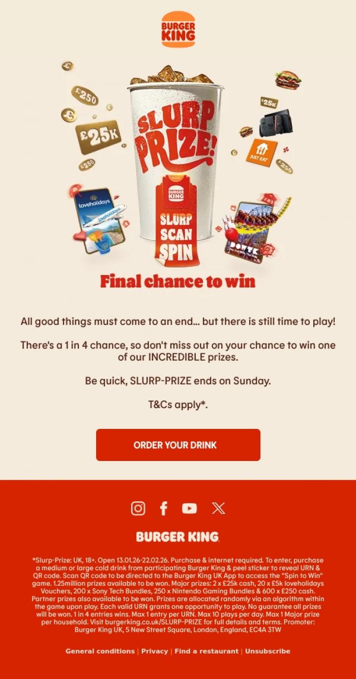 Email Design Inspiration from Burger King, Hey Email Gallery, SLURP-PRIZE ends Sunday!