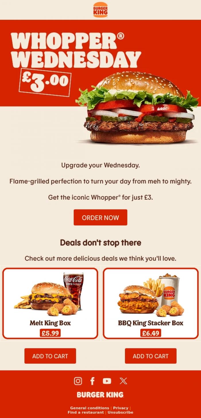 Email Design Inspiration from Burger King, Iconic. Flame-grilled. &pound;3