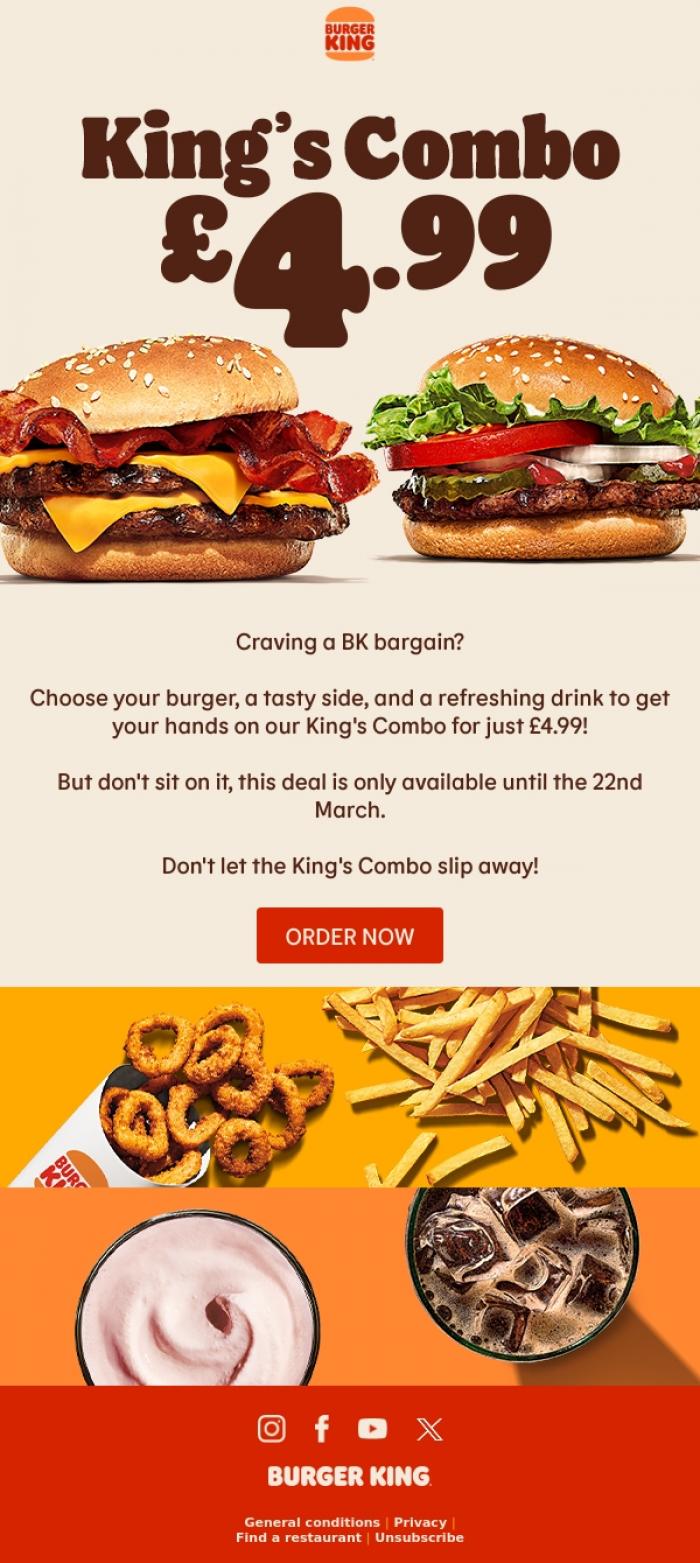 Email Design Inspiration from Burger King,  Email Gallery, the King's Combo is back! 👑 