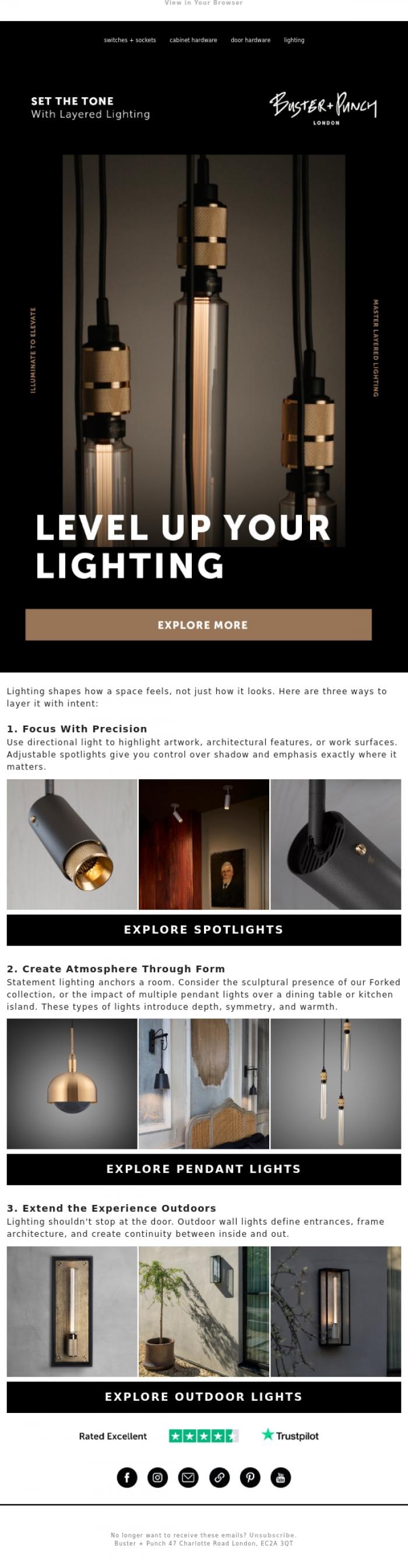 Email Design Inspiration from Buster + Punch, Transform Your Interiors with Lighting