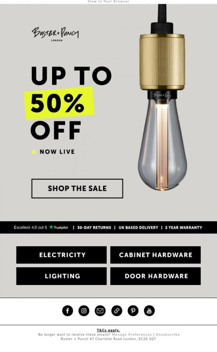 Email Design Inspiration from Buster + Punch, >> UP TO 50% OFF - NOW LIVE <<