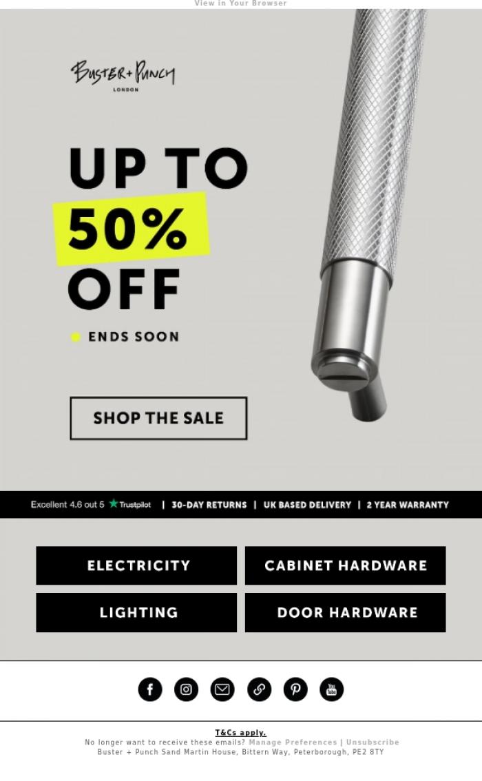 Email Design Inspiration from Buster + Punch, >> UP TO 50% OFF - ENDS SOON <<