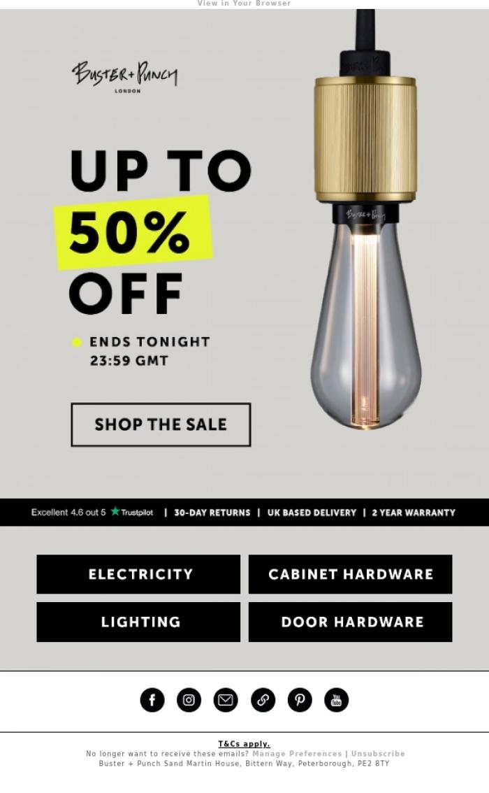 Email Design Inspiration from Buster + Punch, >> UP TO 50% OFF - ENDS TONIGHT <<