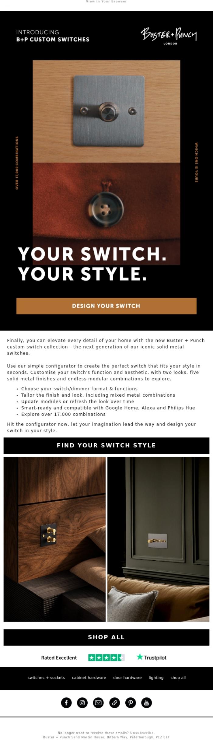 Email Design Inspiration from Buster + Punch, Introducing Thousands of Custom Switch Combinations